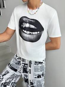 Manfinity VCAY 1 pieza Camiseta de punto blanca de estilo vintage creativa con estampado de pintura al óleo de labios de ángel Madonna para hombre, de corte oversized y estilo casual de la calle, para el verano