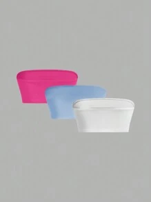 SHEIN SXY 3 件装 女式弹力露肩休闲百搭性感短款上衣 带内置胸垫 - 玫紅色 - 查看 2