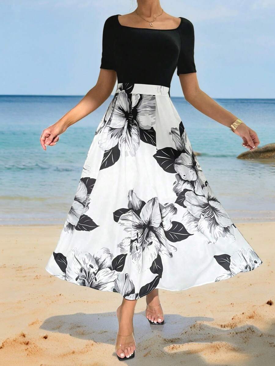 SHEIN Privé 女士夏季 A 字形花卉印花中长连衣裙，方形领口，适合日常穿着，优雅浪漫度假，海滩派对，音乐节，婚礼 夏威夷连衣裙 教师连衣裙 早午餐装 休闲女装 教师连衣裙 90 年代时尚 返校服装 巡航女装 女士复古服装 - 黑與白 - 查看 1