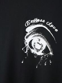 Manfinity Homme 男式加大码宽松睫毛和字母印花秋季和春季落肩套头运动衫 - 黑色 - 查看 8