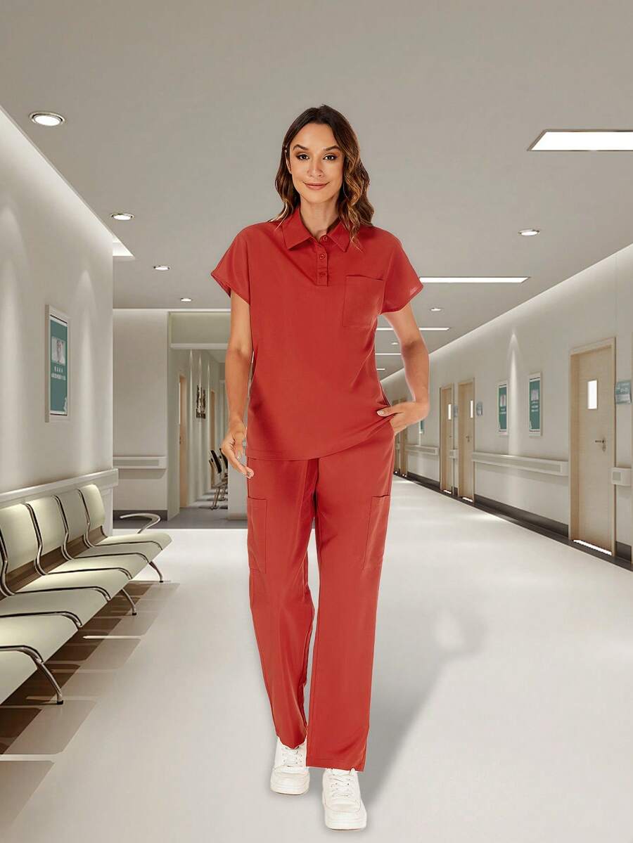 Áo và quần ngắn tay có nút phía trước màu trơn, Đồng phục tẩy tế bào chết mùa hè dành cho chuyên gia chăm sóc sức khỏe - Màu Cam san hô - Xem 1