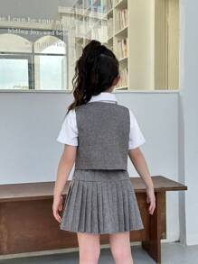 SHEIN 女童纯色梭织露脐上衣和百褶裙套装 - 灰色 - 查看 2