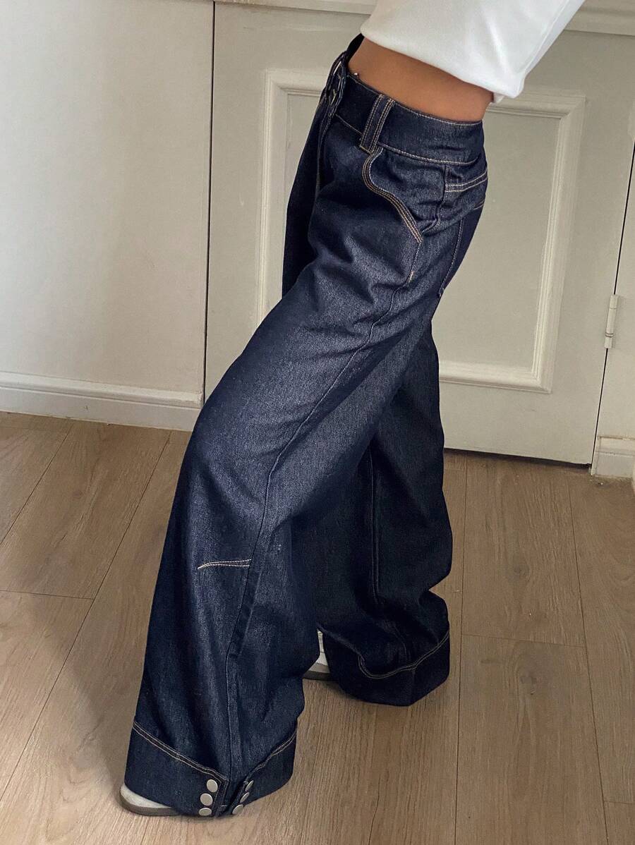 Livesso Vintage Wash Pocket Wide Leg Women's Jeans,Back To School Clothes - Dark Wash - View 1