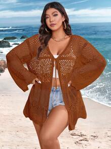 SHEIN Clasi Plus Size Vacation Beach Solid Color Hollow Out Lightweight Cardigan - Coffee Brown - View 5