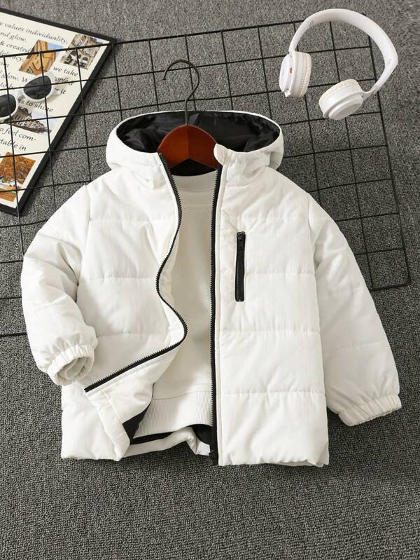 SHEIN Chaqueta con capucha de algodón grueso y cómodo para niños, adecuada para ir y venir, la escuela, el hogar, uso casual, paseo, fiesta y juegos al aire libre en otoño/invierno