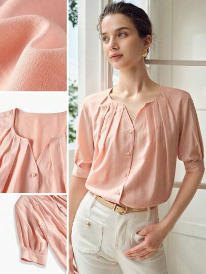 MOTF PREMIUM BLUSA PARA MUJER CON CUELLO DE MUESCA SÓLIDO, PLIEGUES PLEGADOS Y MANGAS ABULLONADAS