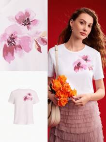 MOTF PREMIUM 针织女式花卉印花短袖 T 恤，情人节 - 白色 - 查看 9