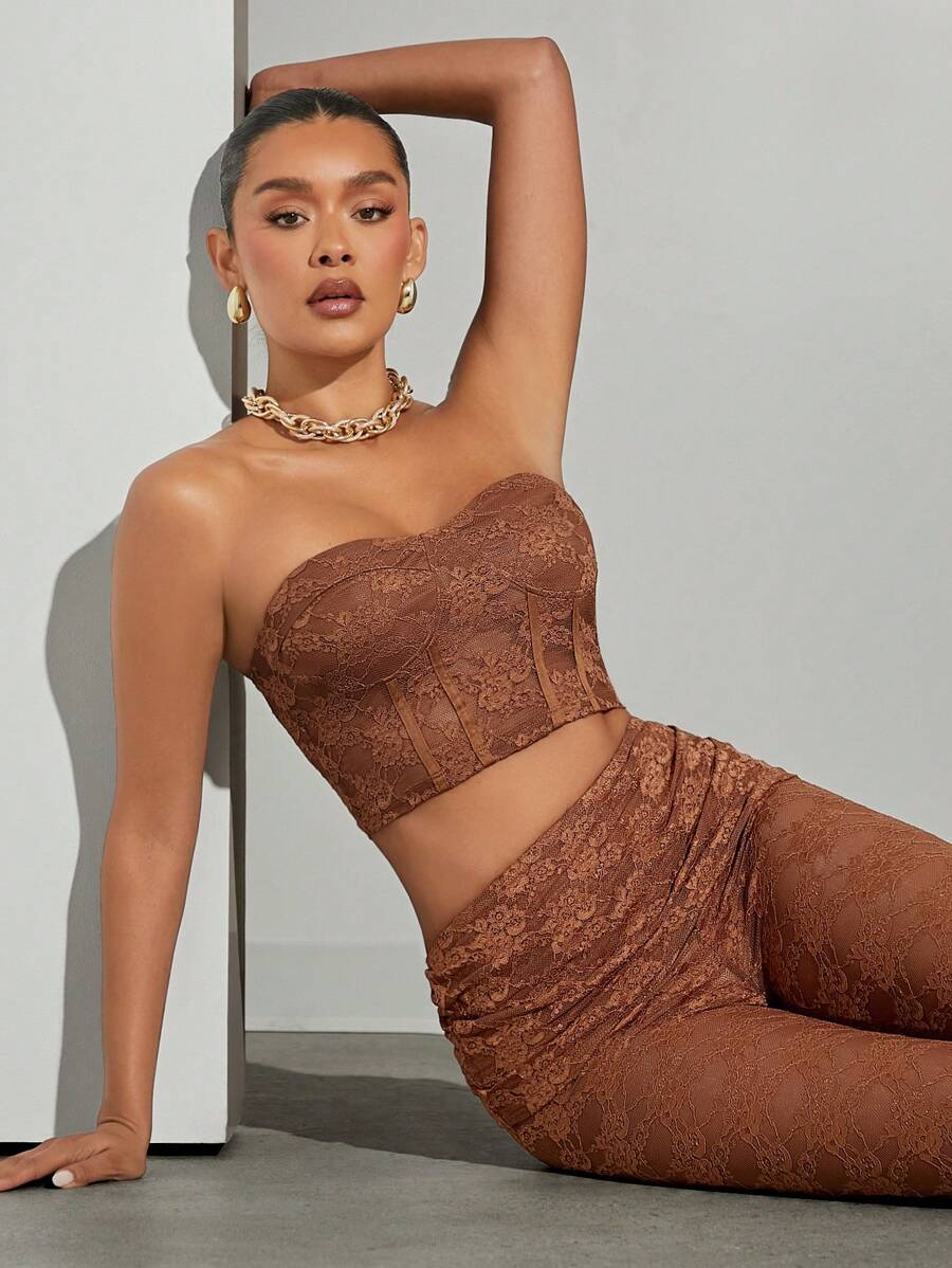 Hauture Women Sheer Lace Top With Folded Down Detail - Brown - View 1