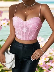 Zolique 女士夏季時尚亮片3D花裝飾網眼削肩背心 - 粉色 - 查看 9
