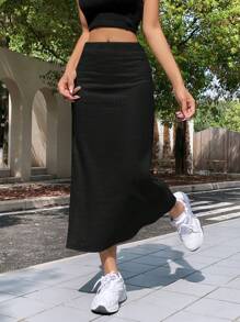 SHEIN EZwear Linen Lightweight Long Skirt, Summer - Black - View 6
