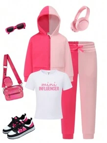 SHEIN Explorewe 3pcs Tween Girls Fashionable Casual Short Sleeve Letter Printed T-Shirt, Colorblock Hooded Cardigan, And Colorblock Pants Set, Fall/Winter - Multicolor - View 3