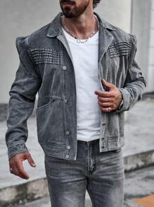 Manfinity LEGND Men Solid Color Front Button Pocket Casual Long Sleeve Denim Jacket, Fall - Grey - View 6