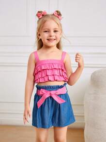 SHEIN Young Girl Woven Solid Ruffle Cami Top With Ruffle Hem And Woven Solid Color Shorts Set, Summer Clothes - Hot Pink - View 3