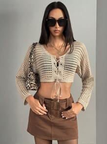 Aveloria Affinna Short Hollow Out Knitted Lace Up Sweater With Tie, Y2K Style, Fall Winter - Coffee Brown - View 4