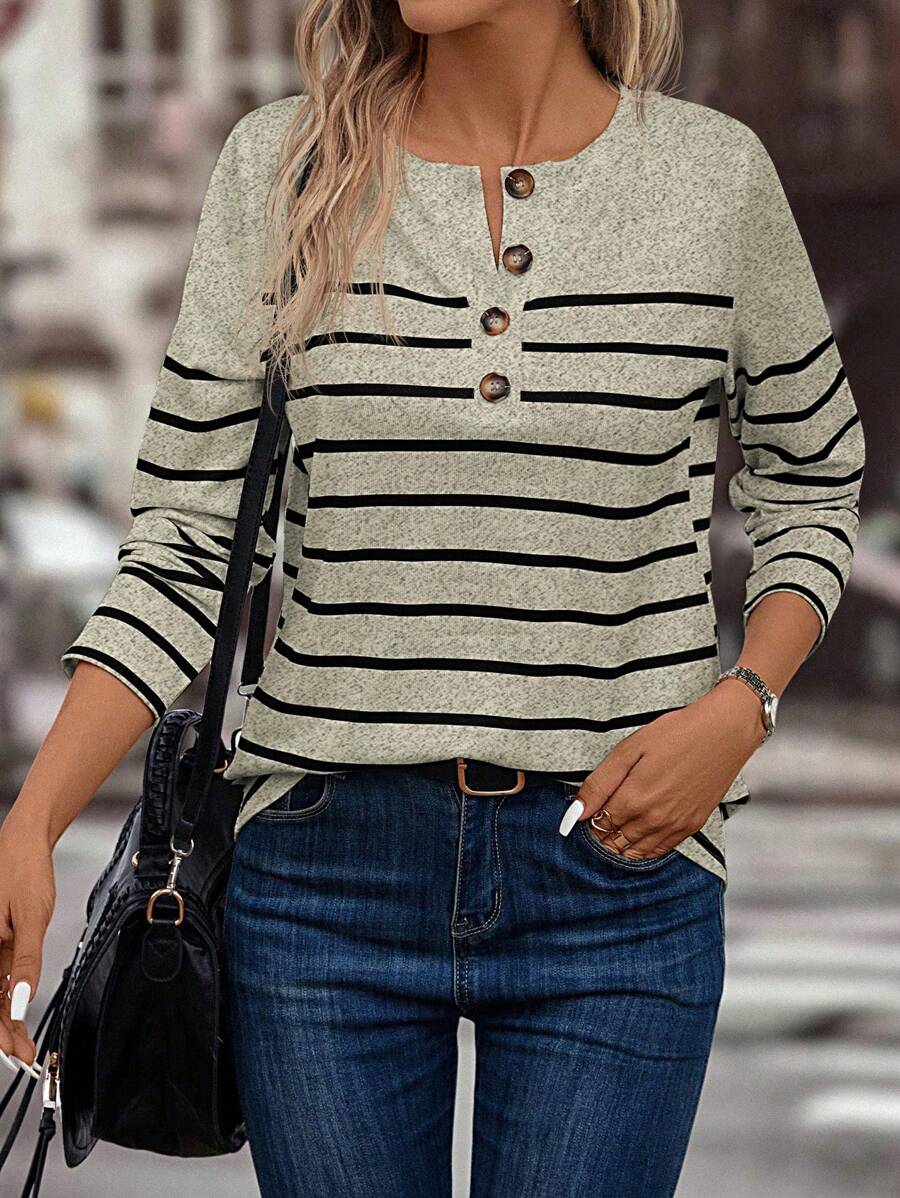 SHEIN LUNE 女式条纹纽扣半襟长袖休闲 T 恤，春/夏 - 杏色 - 查看 1