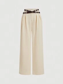 SHEIN MOD Pantalones rectos elegantes con doble cinturón de color albaricoque, ropa de otoño, pantalones holgados para mujer, pantalones, ropa de invierno - Albaricoque - Ver 1