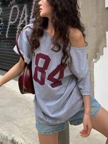 INAWLY Women's Summer Digital Print Round Neck Oversized Drop Shoulder Short Sleeve Casual T-Shirt