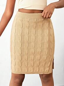 少女加厚纯色扭纹针织裙，侧开衩，裹臀，春夏 - 駝色 - 查看 5