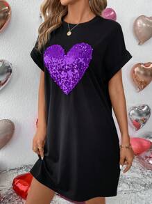SHEIN LUNE Sequin Heart Shaped Pattern Batwing Sleeve Dress, Valentine's Day - Black - View 3
