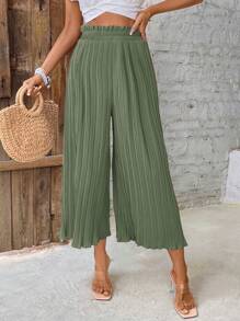 SHEIN Frenchy Pantalones casuales anchos de pierna suelta con pliegues y volantes en el bajo, unicolor, para mujer