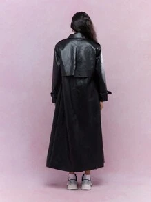 MISSGUIDED PU Double Breasted Longline Trench Jacket Winter Wear - Black - View 2
