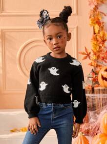 Young Girl Halloween Graphic Crew Neck Fitted Casual Sweater,In Fall/Winter - Black and White - View 5