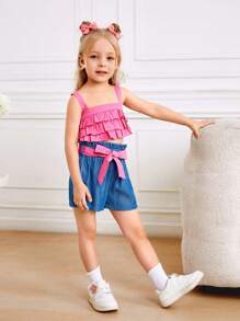 SHEIN Young Girl Woven Solid Ruffle Cami Top With Ruffle Hem And Woven Solid Color Shorts Set, Summer Clothes - Hot Pink - View 6