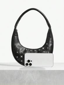 SHEIN SXY LADIES, WOMEN Shoulder Bag, HOBO BAG Fashionable, Street, Cool, Individual, Simple, Black, Rhinestone, Y2k Bag, 2000s Fashion Style, Gothic Punk Bag For Women