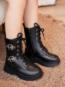 Plain Color Lace-Up Casual Versatile Children Boots - Black - View 3