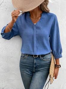 SHEIN Clasi Women's Casual Denim Effect Cutout Back Button Decor Blue Shirt For Holiday