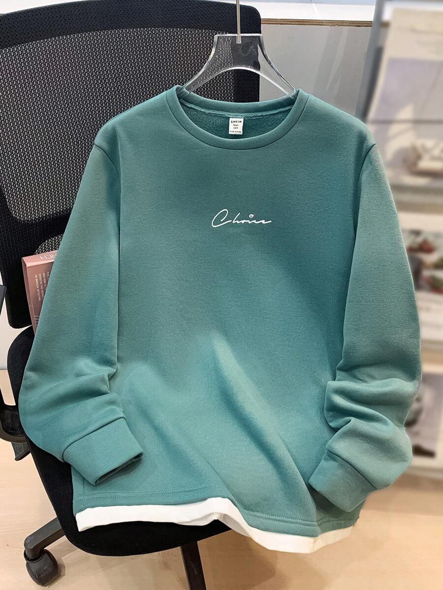 SHEIN 青少年男孩休闲校园风格舒适百搭透气针织双面字母印花圆领长袖运动衫，适合上学、户外、旅行、四季和送礼