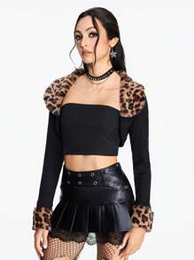 ROMWE Grunge Punk Y2K Gyaru Shibuya 风格豹纹印花短款女式毛领大衣 - 黑色 - 查看 5