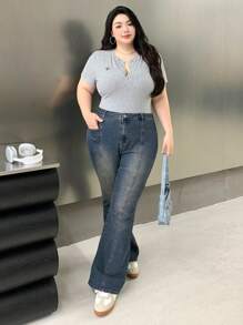 Dazy Plus 大码复古水洗修身喇叭牛仔裤，女款，返校服 - 藍色 - 查看 8