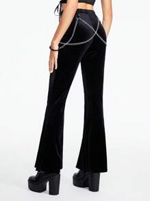 ROMWE Goth Quần dài nhung nối lưới thêu chéo dây kim loại dành cho nữ - màu đen - Xem 2