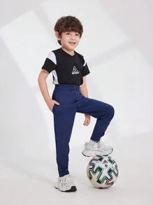 Young Boy Solid Color Elastic Waist Pocket Cuffed Casual Sports Pants - Royal Blue - View 5