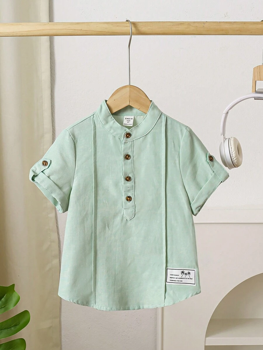 SHEIN 男童口號拼布細節捲軸袖半扣衫 - 薄荷綠 - 查看 1