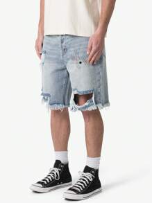 ROMWE MEN Shorts en jean Bermuda décontractés pour hommes avec décoration à clous, ourlet déchiré - Bleu azur - Voir 3