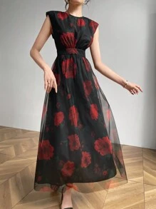 Modelyn 女士圆领无袖全身印花褶饰喇叭下摆 A 字型优雅连衣裙长款晚礼服 - 彩色 - 查看 4