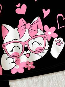 SHEIN Leap Crew Young Girl 2pcs Cute Girl, Cat, Flowers & Heart Printed Short Sleeve T-Shirt And Pants Casual Home Outfit For Spring & Summer, Snug Fit - Black - View 3