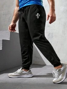 GymBeat 大码 男士 印花 休闲 长裤 校园 - 黑色 - 查看 3