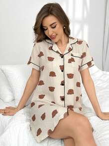 Vestido de dormir con botones y cuello de solapa con estampado de osos para dama, ideal para vacaciones