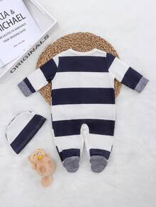 Conjunto de homewear de 2 peças com macacão de mangas compridas listrado azul e branco para bebês meninos, com chapéu
