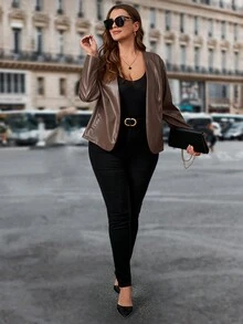 SHEIN Clasi 女式加大码春秋季时尚纯色长袖夹克，带口袋和前开襟 - 棕色 - 查看 4