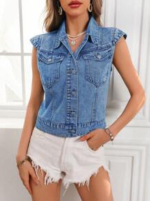 SHEIN Privé Chaleco vaquero sin mangas con botones, mangas con volantes y bolsillos para mujer, ropa de moda y elegante - Azul lavado medio - Ver 3