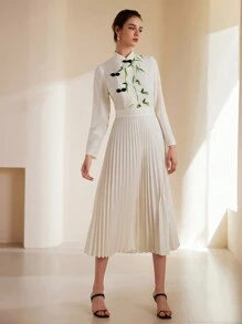 Aveloria Rosie Vestido de manga larga con cuello alto de estilo chino, diseño de bloques de color, estampado de bambú y pliegues, largo medio