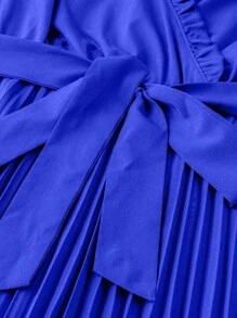 SHEIN Unity 纯色 V 领裹腰系带褶皱连衣裙长款女装 - 寶藍色 - 查看 3