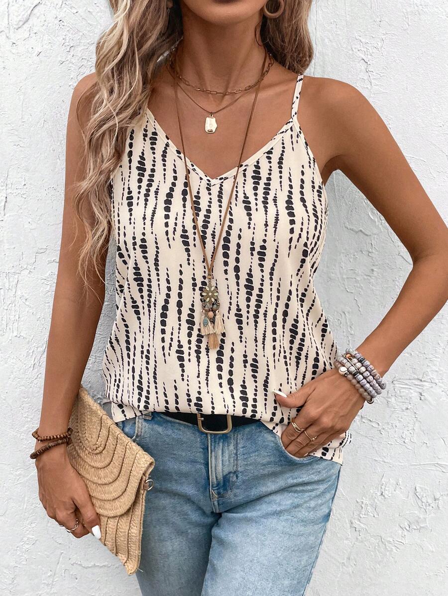 EMERY ROSE 女士夏季扎染印花宽松吊带背心 - 卡其色 - 查看 1