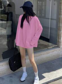 DAZY Camiseta de manga larga con estampado de letras y hombros caídos, para mujer, de estilo casual, para primavera/verano y otoño - Rosa Fucsia - Ver 2