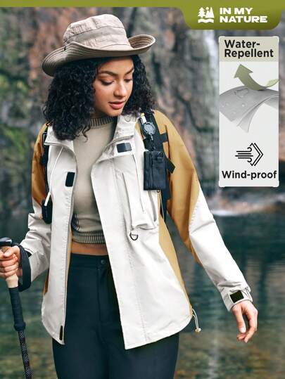 In My Nature Chubasquero impermeable de mujer con capucha, color block, para actividades al aire libre como camping, senderismo y viajes, con bolsillos utilitarios
