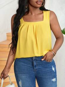 Slaydiva Simple Basic Knitted Yellow Women's Tank Top With Square Neckline, Sleeveless, Loose Fit